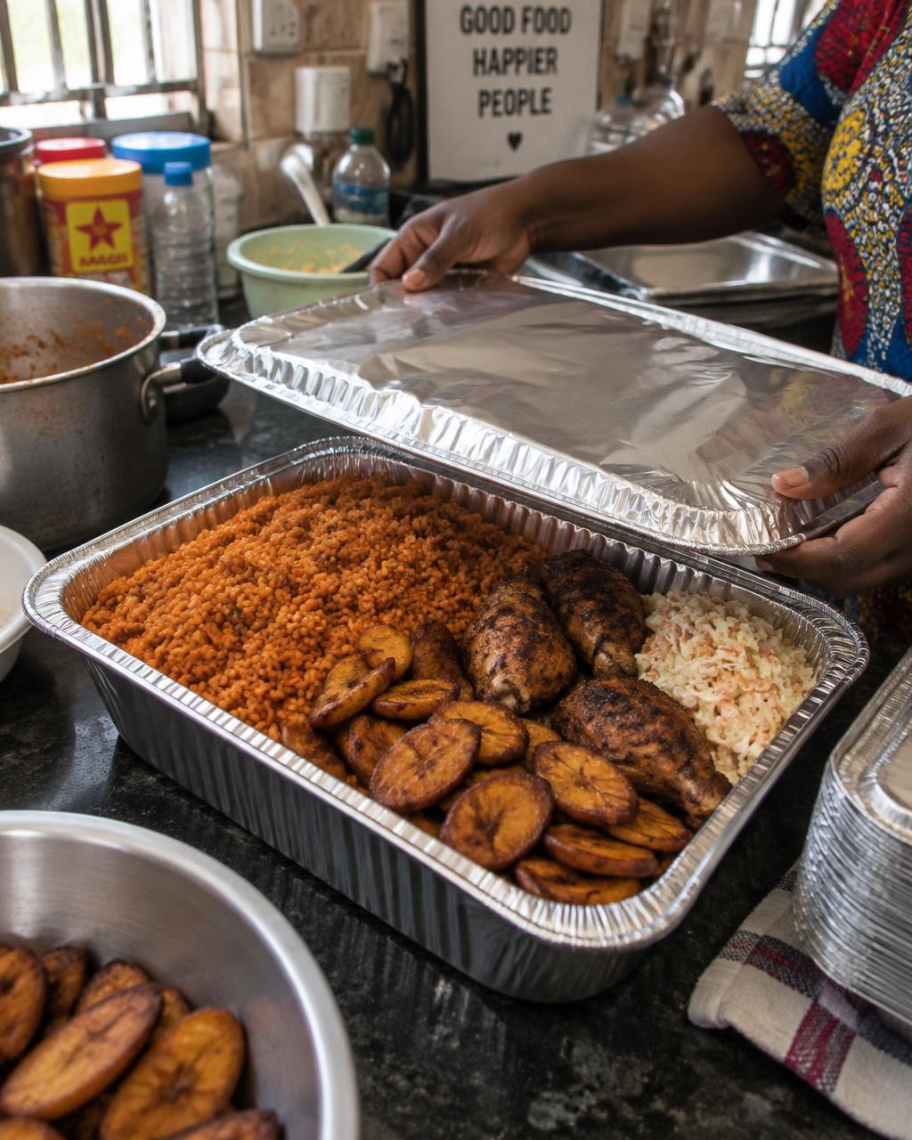 A party jollof tray with dodo and chicken from a Lagos kitchen