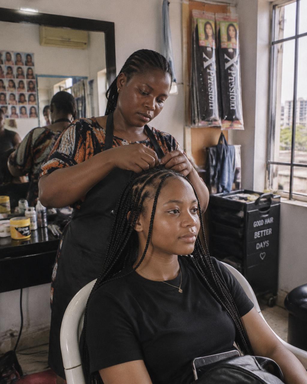 A stylist braiding knotless braids in an Abuja salon