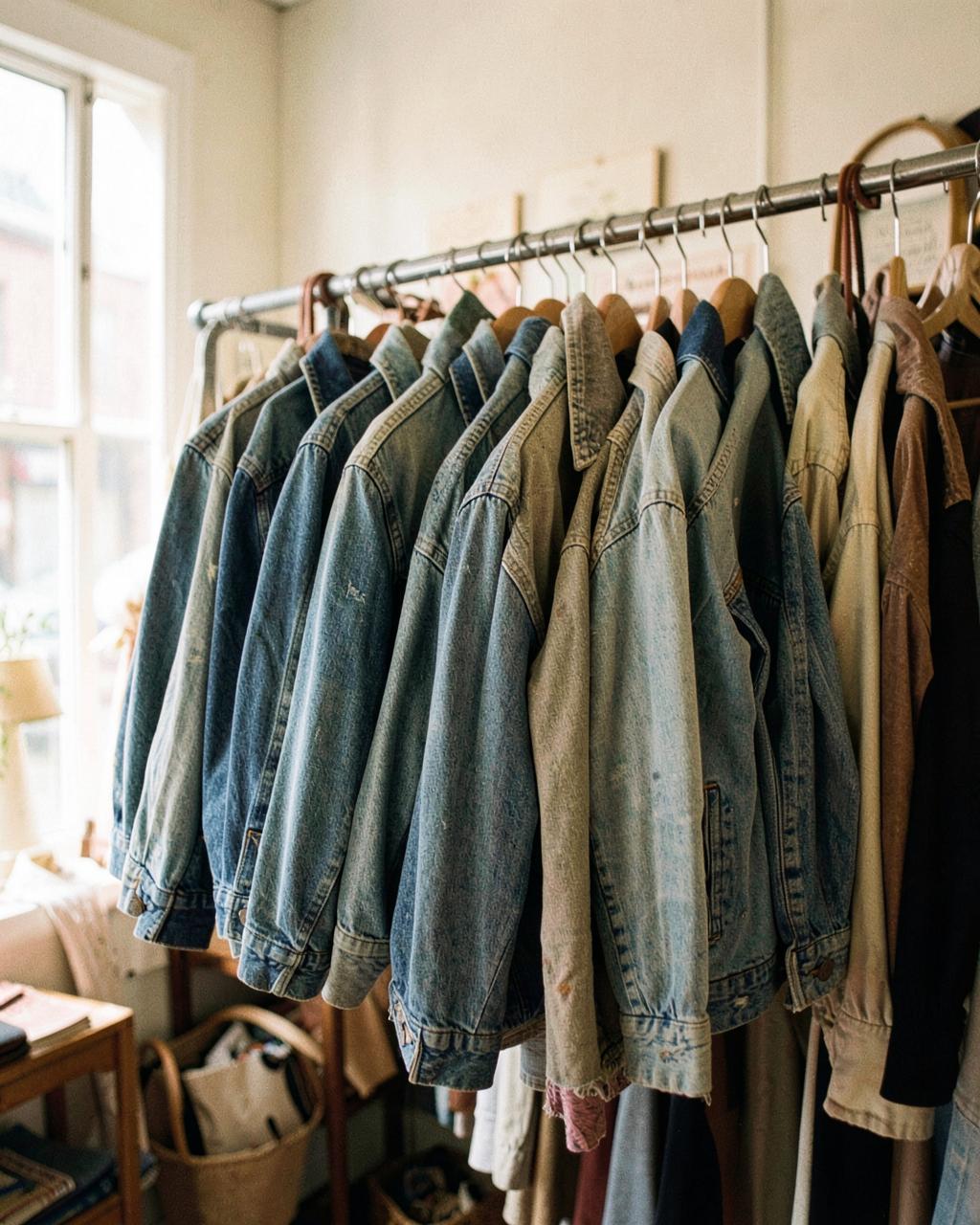 A curated rail of secondhand clothing in a small shop